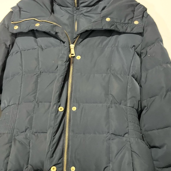 Cole Haan Women's 40" Signature Hooded Taffeta Down Coat Sz S Elastic Waist Navy - Picture 6 of 15
